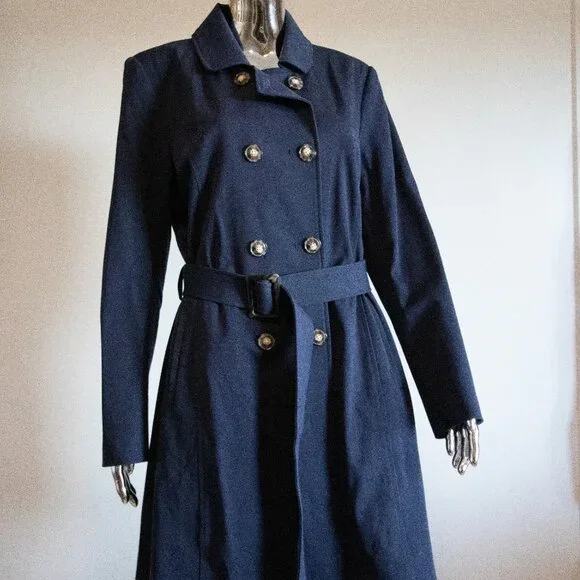 Navy Trench Coat With Grey Tortoiseshell Buttons Belted - Picture 1 of 6